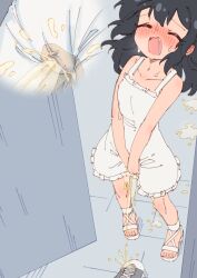 Rule 34 | 1girl, absurdres, between legs, black hair, blush, closed eyes, collarbone, commentary request, dress, embarrassed, flat chest, hand between legs, have to pee, highres, large variant set, long hair, multiple views, open mouth, original, pee, pee stain, peeing, peeing self, rune (dualhart), sandals, standing, toes, variant set, white dress, white sandals