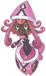 1girl colored_sclera covering_own_mouth full_body gen_7_pokemon green_sclera hand_over_own_mouth hibani123 highres legendary_pokemon long_hair looking_at_viewer nintendo pokemon pokemon_(creature) red_hair sidelocks simple_background solo tapu_lele white_background