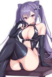 1girl absurdres ana_(vvvvor) arm_support bare_shoulders black_choker black_gloves black_thighhighs bondage_outfit braid breasts choker cleavage closed_mouth collarbone cone_hair_bun crossed_legs elbow_gloves elbow_on_knee genshin_impact gloves hair_between_eyes hair_bun head_rest highres keqing_(genshin_impact) large_breasts long_hair looking_at_viewer purple_eyes purple_hair revealing_clothes sitting skindentation smile solo thighhighs twintails