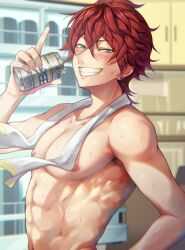 abs akadashipopo amagi_rinne bishounen blush can drink_can earrings ensemble_stars! from_side hair_between_eyes highres jewelry looking_at_viewer male_focus nipples pectorals red_eyes red_hair short_hair smile topless_male upper_body