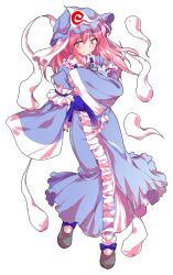 1girl alphes_(style) commentary_request dairi dress full_body ghost hand_fan hat highres parody pink_eyes pink_hair saigyouji_yuyuko short_hair smile solo style_parody tachi-e touhou transparent_background triangular_headpiece wide_sleeves