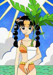Rule 34 | 1girl, absurdres, bikini, black eyes, black hair, blue sky, bow, braid, cloud, cloudy sky, collarbone, day, dithering, flower, flower pot, fujishima moyu, hair bow, highres, holding, holding flower, long hair, looking at viewer, mouth hold, o-ring, o-ring top, ocean, orange bikini, original, outdoors, sky, solo, sun, sunlight, swimsuit, twin braids