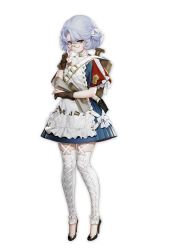 1girl absurdres blue_eyes blue_hair cross-laced_clothes cross-laced_footwear cross-laced_legwear fingerless_gloves glasses gloves hair_ribbon high_heels highres julie_leblanc light_blue_hair looking_at_viewer paintbrush partially_fingerless_gloves quuni ribbon banner_of_the_maid short_hair simple_background skirt solo thighhighs toeless_legwear white_background white_thighhighs