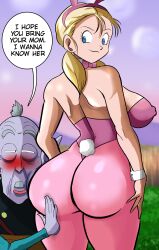 1boy 1girl aged_up animal_costume animal_ears ass blonde_hair blue_eyes breasts dragon_ball dragon_ball_gt fake_animal_ears guyvanity hand_on_another&#039;s_ass huge_ass kaioshin large_breasts leotard marron_(dragon_ball) old old_man pink_leotard rabbit_costume rabbit_ears rabbit_tail rou_kaioushin smile variant_set