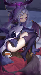 1girl absurdres ahoge angry ass black_boots black_gloves black_halo black_horns black_jacket black_thighhighs blue_archive blush boots closed_mouth commentary_request crying crying_with_eyes_open cup dandandan668 demon_girl demon_horns demon_wings eyelashes feet forehead full_body fur-trimmed_jacket fur_trim gloves grey_hair hair_ornament hairclip halo hand_on_own_knee highres hina_(blue_archive) horns indoors jacket knees_together_feet_apart long_hair long_sleeves looking_at_viewer low_wings multiple_horns no_panties no_shoes nose_blush parted_bangs purple_eyes right_shoe_removed single_boot sitting slit_pupils solo streaming_tears teacup tears thighhighs thighs toes torn_clothes torn_thighhighs tsurime v-shaped_eyebrows wavy_mouth wings