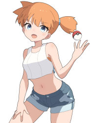 1girl :d bare_arms bare_shoulders blue_eyes blue_shorts blush breasts collarbone crop_top denim denim_shorts eyelashes gym_leader hand_on_own_thigh hand_up hiyoshipow leaning_forward looking_at_viewer midriff misty_(pokemon) navel nintendo open_mouth orange_hair poke_ball poke_ball_(basic) pokemon pokemon_(anime) pokemon_(classic_anime) pokemon_lgpe pokemon_rgby ponytail shirt short_hair short_shorts shorts side_ponytail sleeveless sleeveless_shirt smile solo standing suspenders thighs white_shirt