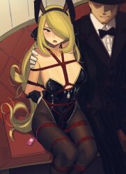1boy 1girl absurdres animal_ears bdsm black_gloves black_leotard black_pantyhose blonde_hair bondage bound breasts cad_(caddo) commission couch cynthia_(pokemon) egg_vibrator fake_animal_ears gloves hair_over_one_eye highres leotard long_hair nintendo on_couch open_mouth pantyhose playboy_bunny pokemon pokemon_(creature) pokemon_dppt restrained second-party_source sex_toy shibari sitting strapless strapless_leotard vibrator