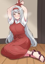1girl absurdres arms_up blush bound bound_wrists breasts brown_eyes dress fuminomino grey_hair headband high_heel_sandals highres kantai_collection large_breasts long_hair nose_blush pinafore_dress red_dress red_headband red_rope restrained rope sandals shirt short_sleeves shoukaku_(kancolle) shoukaku_(zuiun_festival)_(kancolle) sleeveless sleeveless_dress solo very_long_hair white_shirt