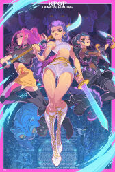 3girls 5boys abby_(kpop_demon_hunters) baby_(kpop_demon_hunters) bobby_(kpop_demon_hunters) body_markings boots crop_top crowd dagger demon_boy demon_girl derpy_(kpop_demon_hunters) dutch_braided_ponytail edwin_huang glowing glowing_eyes glowing_weapon high-waist_shorts high-waist_skirt holding holding_dagger holding_knife holding_polearm holding_sword holding_weapon jinu_(kpop_demon_hunters) knife kpop_demon_hunters lace-up_boots miniskirt mira_(kpop_demon_hunters) multiple_boys multiple_girls mystery_(kpop_demon_hunter) naginata polearm romance_(kpop_demon_hunters) rumi_(kpop_demon_hunters) short_shorts shorts skirt sussie_(kpop_demon_hunters) sword twintails weapon zoey_(kpop_demon_hunters)