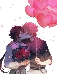 Rule 34 | 2boys, alternate costume, ballon, blush, bouquet, flower, genshin impact, highres, kiss, multiple boys, petals, rose, sami jen, tartaglia (genshin impact), twitter, white background, yaoi, zhongli (genshin impact)