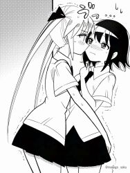 Rule 34 | 2girls, blush, closed mouth, collared shirt, commentary request, greyscale, kill me baby, long hair, mannga saku, monochrome, multiple girls, nervous sweating, oribe yasuna, pleated skirt, school uniform, shirt, short hair, short sleeves, skirt, sonya (kill me baby), sweat, trembling, twintails, twitter username, yuri