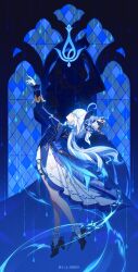 Rule 34 | 1girl, ascot, asymmetrical gloves, black ascot, blue gemstone, blue hair, blue hat, full body, furina (genshin impact), gem, genshin impact, gloves, hair between eyes, hat, highres, light blue hair, long hair, long sleeves, mismatched gloves, multicolored hair, rj (lingshih10), simple background, solo, top hat, white hair