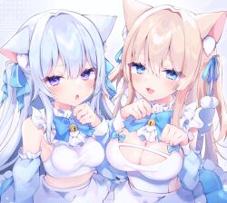2girls animal_ear_fluff animal_ears bell beni_0214 blonde_hair blue_bow blue_bowtie blue_eyes blue_hair blue_ribbon blue_skirt blush bow bowtie breasts cleavage cleavage_cutout clothing_cutout cropped_shirt detached_sleeves hair_ornament hair_ribbon highres large_breasts long_hair looking_at_viewer midriff multiple_girls neck_bell original purple_eyes ribbon shirt simple_background skirt sleeveless sleeveless_shirt smile white_background white_shirt white_skirt