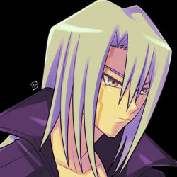 1boy black_background closed_mouth commentary_request facial_mark grey_hair hair_between_eyes jacket kiryu_kyosuke long_hair male_focus pomiwo purple_jacket solo upper_body yellow_eyes yu-gi-oh! yu-gi-oh!_5d&#039;s