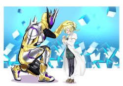 1boy 1girl absurdres blonde_hair blush braid collarbone crossover elfnein gloves hair_between_eyes headpat highres kamen_rider kamen_rider_01_(series) kamen_rider_thouser mole mole_under_eye nausea open_mouth pantyhose reiei_8 rider_belt s.o.n.g._uniform senki_zesshou_symphogear short_hair smile tokusatsu