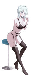 1girl absurdres bare_arms bare_shoulders black_bra black_panties black_thighhighs blue_eyes bra breasts cleavage closed_mouth collarbone commentary expressionless faust_(project_moon) full_body garter_belt halterneck hand_on_own_thigh hand_up highres large_breasts limbus_company looking_at_viewer medium_hair navel panties project_moon pulling_own_clothes seungju simple_background sitting solo stomach stool strap_pull string_bra thighhighs thighs underwear underwear_only white_background white_hair