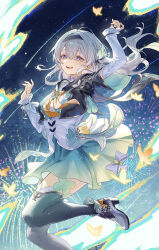1girl :d ankle_boots black_jacket boots breasts commentary feet_out_of_frame firefly_(honkai:_star_rail) green_skirt green_thighhighs highres hitohachan honkai:_star_rail honkai_(series) jacket long_hair long_sleeves looking_at_viewer medium_breasts multicolored_eyes neckerchief open_clothes open_jacket open_mouth orange_neckerchief purple_eyes shooting_star skirt smile teeth thighhighs two-tone_eyes upper_teeth_only