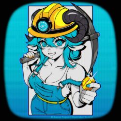 1girl animal_ears animification black_border blue_theme border breasts cleavage coin commentary english_commentary gamer_supps genderswap genderswap_(mtf) grin hair_between_eyes hard_hat helmet highres holding holding_coin holding_pickaxe horns jschlatt limited_palette long_hair looking_at_viewer luxeini minecraft_youtube official_art overalls pickaxe schlattcoin sheep_ears sheep_girl sheep_horns smile smplive solo strap_slip