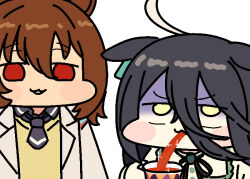 2girls agnes_tachyon_(umamusume) ahoge black_hair black_necktie brown_hair chibi chibi_only coat cup drink hair_between_eyes horse_girl jazz_jack lab_coat long_hair_between_eyes manhattan_cafe_(umamusume) multiple_girls necktie red_eyes short_necktie sweater teacup umamusume white_coat yellow_eyes yellow_sweater