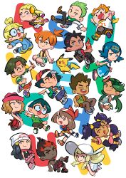 6+boys 6+girls absurdres anjohink ash_ketchum bag baseball_cap black_hair blonde_hair blue_hair bonnie_(pokemon) brock_(pokemon) brown_hair chibi cilan_(pokemon) clemont_(pokemon) creatures_(company) dark-skinned_female dark-skinned_male dark_skin dawn_(pokemon) game_freak gen_1_pokemon gen_4_pokemon glasses goh_(pokemon) green_hair hat highres iris_(pokemon) jumpsuit kiawe_(pokemon) lana_(pokemon) lillie_(pokemon) long_hair mallow_(pokemon) max_(pokemon) may_(pokemon) misty_(pokemon) multiple_boys multiple_girls nintendo open_mouth orange_hair pikachu pokemon pokemon_(anime) pokemon_(classic_anime) pokemon_(creature) pokemon_bw_(anime) pokemon_dppt_(anime) pokemon_journeys pokemon_rse_(anime) pokemon_sm_(anime) pokemon_xy_(anime) ponytail purple_hair rotom rotom_phone serena_(pokemon) smile sophocles_(pokemon) tracey_sketchit trevor_(pokemon) twintails