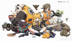 2boys 2girls ^_^ a-shuo_(zenless_zone_zero) absurdres animal animal_ear_fluff animal_ears bangboo_(zenless_zone_zero) belion_(zenless_zone_zero) bird bowl brown_hair chopsticks closed_eyes closed_mouth clothed_animal dog facial_mark food forehead_mark furry furry_male glasses green_eyes hair_intakes highres holding holding_bowl holding_chopsticks holding_plate hyny ju_fufu long_hair mouth_hold multicolored_hair multiple_boys multiple_girls noodles orange_hair pan_yinhu panda_boy plate prosthesis simple_background sitting tail tiger_ears tiger_girl watermark weibo_watermark white_background white_hair ye_shiyuan yixuan_(zenless_zone_zero) zenless_zone_zero