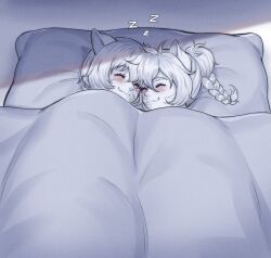 2girls animal_ears bed blush braid cat_ears cat_girl closed_eyes commission commissioner_upload evomanaphy facepaint facial_mark fire_emblem fire_emblem:_path_of_radiance fire_emblem:_radiant_dawn highres laguz_(fire_emblem) lethe_(fire_emblem) lyre_(fire_emblem) monochrome multiple_girls nintendo on_bed siblings sisters sleeping smile twins under_covers whisker_markings zzz