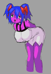 1girl 4chan arms_behind_back black_collar bow breasts bury_pink_gril cleavage collar colored_skin cropped_legs drawfag dress green_eyes grey_background hair_bow huge_breasts looking_at_viewer open_mouth pink_skin red_bow simple_background smile solo twintails white_dress