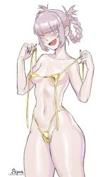 1girl artist_name bare_arms bare_legs bare_shoulders bikini black_nails blush bra breasts english_text fang golden_week golden_week_bikini hair_rings highres holding holding_bra holding_underwear holding_unworn_clothes looking_at_viewer midriff nail_polish nanakusa_nazuna_(yofukashi_no_uta) navel open_mouth pink_hair simple_background small_breasts solo squishlewds swimsuit twitter_username underwear vampire white_background yofukashi_no_uta