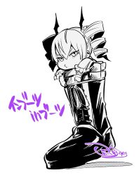 boots chibi commentary_request digimon digimon_card_game digimon_liberator drill_hair fukunari_kanchi highres long_hair monochrome pun simple_background spot_color translated twin_drills violet_inboots white_background