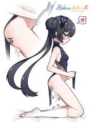 Rule 34 | 1girl, armpit crease, ass, bad link, black hair, blue archive, body markings, braid, braided bun, breasts, butterfly hair ornament, china dress, chinese clothes, clothes lift, cum, cumdrip, double bun, dragon print, dress, grey eyes, grey halo, hair bun, hair ornament, halo, heart, highres, kisaki (blue archive), kneehighs, long hair, multiple views, no panties, pelvic curtain, pelvic curtain lift, petite, rakuaki, signature, simple background, small breasts, socks, spoken heart, twintails, white background