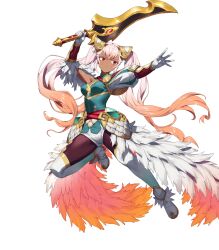 1girl attack breasts cleavage colored_eyelashes dark-skinned_female dark_skin fire_emblem fire_emblem_heroes gloves gradient_hair high_heels highres holding holding_sword holding_weapon laevatein_(fire_emblem) laevatein_(resplendent)_(fire_emblem) long_hair micro_shorts multicolored_hair nintendo non-web_source official_alternate_costume official_art orange_hair pantyhose raise_sword red_eyes shorts single_bare_shoulder small_breasts solo sword thighhighs twintails very_long_hair weapon white_eyelashes white_gloves white_hair white_thighhighs