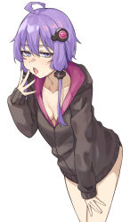 1girl absurdres ahoge blue_eyes breasts cleavage gukr4322 highres leaning_forward no_bra no_pants panties panty_peek purple_eyes purple_hair short_hair_with_long_locks sleeves_past_wrists small_breasts solo tongue tongue_out underwear voiceroid white_background yuzuki_yukari