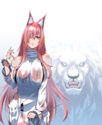 1girl absurdres animal animal_ear_fluff animal_ears bare_shoulders bike_shorts black_shorts black_sports_bra breasts detached_sleeves frown fune_(fune83ojj) goddess_of_victory:_nikke hair_intakes hair_over_one_eye highres large_breasts leona_(nikke) lion long_hair looking_at_viewer pink_hair shirt shorts sideboob sideless_shirt sidelocks sports_bra tail timi_(nikke) turtleneck turtleneck_shirt white_shirt yellow_eyes