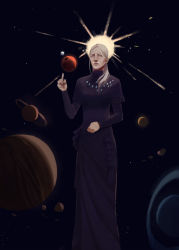 1girl absurdres aged_up asteroid black_background dress female_focus full_body highres kyokugen_dasshutsu lion long_hair long_sleeves kurashiki_akane old old_woman pixelyte planet portrait purple_dress purple_eyes solo space spoilers standing sun white_hair