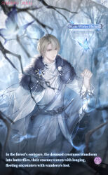 Rule 34 | 1boy, artist request, asymmetrical bangs, bare tree, belt, belt buckle, black belt, blonde hair, blue butterfly, blue eyes, buckle, bug, butterfly, character name, cloak, closed mouth, coat, copyright name, cowboy shot, day, english text, expressionless, floating cape, forest, fur-trimmed cloak, fur trim, glowing, highres, holding, holding lantern, insect, lantern, light particles, logo, long sleeves, looking ahead, male focus, medal, nature, nikki (series), norwin (shining nikki), official art, outdoors, pants, second-party source, shining nikki, short hair, sleeve cuffs, solo, standing, tree, white cloak, white coat, white pants, winter