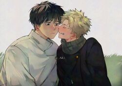 Rule 34 | 2boys, aili, black hair, black jacket, blonde hair, blush, brown eyes, closed eyes, closed mouth, collared jacket, commentary, facial mark, frown, grass, grey sky, highres, inumaki toge, jacket, jujutsu kaisen, jujutsu tech uniform, kiss, kissing cheek, looking down, male focus, multiple boys, okkotsu yuuta, popped collar, sanpaku, sky, turtleneck, twitter username, white jacket, yaoi