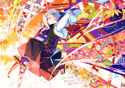 1boy arms_behind_back black_pants black_sandals black_shirt commentary cropped_jacket from_side full_body grey_hair grin hair_ornament hairclip happy_new_year highres jacket male_focus matsunaka_hiro new_year open_clothes open_jacket original pants red_eyes sandals shirt short_hair smile solo translation_request white_jacket