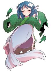 1girl alphes_(style) blue_hair blush breasts closed_eyes closed_mouth commentary_request dairi defeat drill_hair fins frilled_kimono frills full_body green_kimono hands_up head_fins japanese_clothes kimono large_breasts large_variant_set mermaid monster_girl parody solo style_parody sweatdrop torn_clothes touhou transparent_background variant_set wakasagihime wide_sleeves