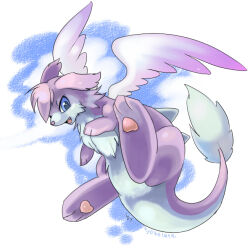 Rule 34 | &gt;:), blue eyes, blue sky, choko (sweetpocket), cloud, commentary request, creature, creature focus, faerie neopet, fang, feathered wings, flying, full body, neopet (creature), neopets, open mouth, pawpads, purple fur, signature, sky, smile, solo, v-shaped eyebrows, wings, zafara