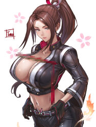 Rule 34 | 1girl, absurdres, artist name, belt, black gloves, black jumpsuit, breast zipper, breasts, brown hair, censored, cleavage, covered erect nipples, cowboy shot, crop top, cropped jacket, fatal fury, fatal fury: city of the wolves, floral background, folded fan, folding fan, gloves, grey belt, grey eyes, hand fan, high ponytail, highres, holding, holding fan, jumpsuit, large breasts, leather, leather pants, mosaic censoring, navel, no bra, object on breast, pants, ponytail, shiranui mai, sidelocks, solo, the king of fighters, tomo eokaiteru, white background, wide sleeves, zipper, zipper pull tab