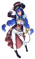 1girl absurdres belt black_belt black_boots black_coat black_hat blue_hair blush boots braid breasts brown_eyes brown_horns buttons cleavage closed_mouth coat corset demon_girl demon_horns demon_tail frilled_shirt frills full_body hair_tubes hat highres horns konekoneko_(konekopi) large_breasts long_hair long_sleeves looking_at_viewer nanashi_inc. one_eye_closed open_clothes open_coat pants pointy_ears red_corset shimamura_charlotte shirt side_braid sidelocks simple_background single_braid smile solo tail top_hat transparent_background twin_braids very_long_hair virtual_youtuber white_pants white_shirt yellow_eyes
