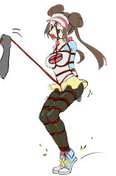 arms_behind_back ball_gag bdsm blue_eyes bondage bound breasts brown_hair crotch_rope crotch_rope_pull disembodied_hand donut_hair_bun eudetenis full_body gag hair_bun highres jumping leash legs_tied_together long_sleeves medium_breasts nintendo pantyhose pantyhose_under_shorts pokemon pokemon_bw2 rosa_(pokemon) second-party_source shoes short_shorts shorts tagme taped_hands twintails visor_cap