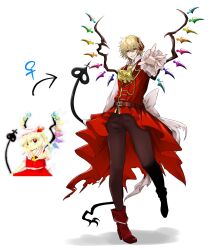 Rule 34 | 1boy, arrow (symbol), ascot, asymmetrical footwear, back bow, belt, black boots, blonde hair, boots, bow, brown belt, brown pants, chain, coat, collared shirt, commentary request, crystal wings, flandre scarlet, full body, genderswap, genderswap (ftm), gold chain, hair between eyes, hair ribbon, hand up, high heel boots, high heels, highres, holding, holding polearm, holding weapon, laevatein (touhou), lapels, long sleeves, looking at viewer, male focus, mismatched footwear, multicolored wings, nap muntarou, one side up, pants, polearm, puffy long sleeves, puffy sleeves, red boots, red coat, red eyes, red ribbon, ribbon, shadow, shirt, short hair, simple background, sleeveless, sleeveless coat, smile, solo, spear, standing, standing on one leg, teeth, torn clothes, touhou, weapon, white background, white bow, white shirt, wings, yellow ascot, zun (artist)