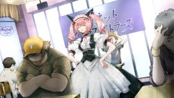 1girl 4boys :3 akiha_rumiho alternate_costume animal_ears apron back_bow bad_tag belt_around_waist belt_buckle beret black_skirt bow breasts buckle buttons cat_ears clenched_hands closed_eyes collar crossed_arms dress drill_hair dutch_angle fake_animal_ears fat fat_man frilled_collar frilled_dress frilled_hairband frills from_behind frown game_cg glasses green_shirt hair_between_eyes hairband hand_in_own_hair hands_on_own_hips hashida_itaru hat highres huke long_hair long_skirt maid maid_apron maid_cafe maid_headdress mayqueen_maid_uniform medium_breasts multiple_boys non-web_source official_art pink_hair puffy_short_sleeves puffy_sleeves red_ribbon ribbon ribbon-trimmed_collar ribbon-trimmed_corset ribbon-trimmed_hairband ribbon-trimmed_sleeves ribbon_trim shirt short_sleeves skirt smug standing steins;gate translation_request twin_drills twintails white_apron white_bow white_dress wrist_cuffs wristband yellow_hat