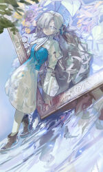 1girl absurdres black_boots blue_dress blue_flower boots commentary_request corinalyce1 dress flower full_body gradient_clothes gradient_dress grey_eyes grey_hair hair_flower hair_ornament hair_over_one_eye highres isekaijoucho kamitsubaki_studio long_hair long_sleeves oversized_object painting_(object) pantyhose parted_lips picture_frame ripples solo standing very_long_hair virtual_youtuber water white_dress white_pantyhose