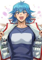 1boy absurdres blue_hair blue_shirt boxcutter bruno_(yu-gi-oh!) grey_eyes happy highres jacket male_focus open_clothes open_jacket open_mouth pocket screwdriver shirt short_hair simple_background smile solo t-shirt tools upper_body utility_vest vest white_jacket wrench youko-shima yu-gi-oh! yu-gi-oh!_5d&#039;s