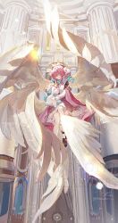 1girl angel_wings aqua_hair black_shoes capelet closed_mouth dress drill_hair feathered_wings flying full_body gradient_hair hair_between_eyes highres hitohachan honkai:_star_rail honkai_(series) hyacine_(honkai:_star_rail) little_ica_(honkai:_star_rail) loafers long_hair long_sleeves multicolored_hair pantyhose pink_hair red_dress shoes smile twin_drills twintails white_dress white_pantyhose white_wings wings