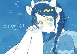 Rule 34 | 1girl, 965ma mogumogu, air bubble, bare legs, black hair, blue background, blue eyes, blue hoodie, blush, braid, bubble, fish hair ornament, glasses, hair ornament, hair ribbon, hairclip, hand on own knee, hashtag-only commentary, hood, hoodie, idolmaster, idolmaster shiny colors, knees up, mitsumine yuika, ribbon, solo, squid print, striped ribbon, twin braids, yellow-framed eyewear