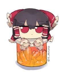 1girl 7-mirano bow brown_hair crystal detached_sleeves frilled_bow frilled_hair_tubes frills fumo_(doll) hair_bow hair_tubes hakurei_reimu highres jar red_bow red_eyes solo touhou