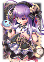 Rule 34 | 1girl, ahoge, black hairband, black ribbon, black skirt, clock, corset, emil chronicle online, familiar, garter straps, gem, hair ornament, hair ribbon, hairband, highres, long hair, miniskirt, necktie, open mouth, paracelsus lore, purple eyes, purple hair, raised inner eyebrows, ribbon, skirt, yupi828